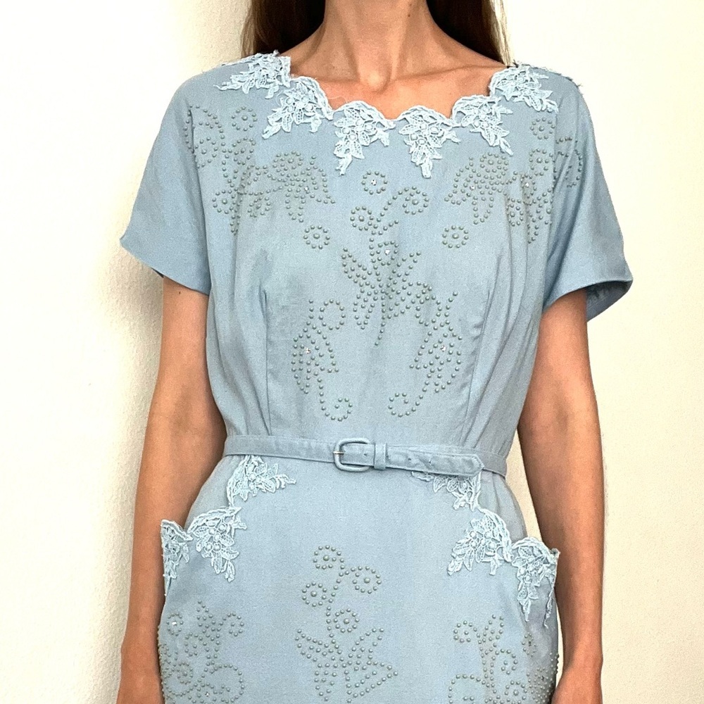 Rare NWT 70s Vintage Light Blue Embellished Belted Dress